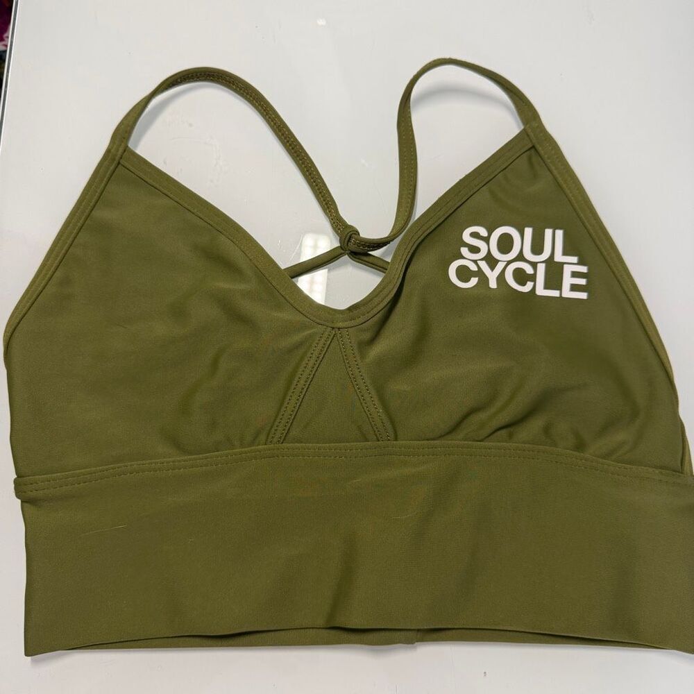 SoulCycle Olive Green Strappy Sports Bra Small Criss Cross Back Logo Made USA